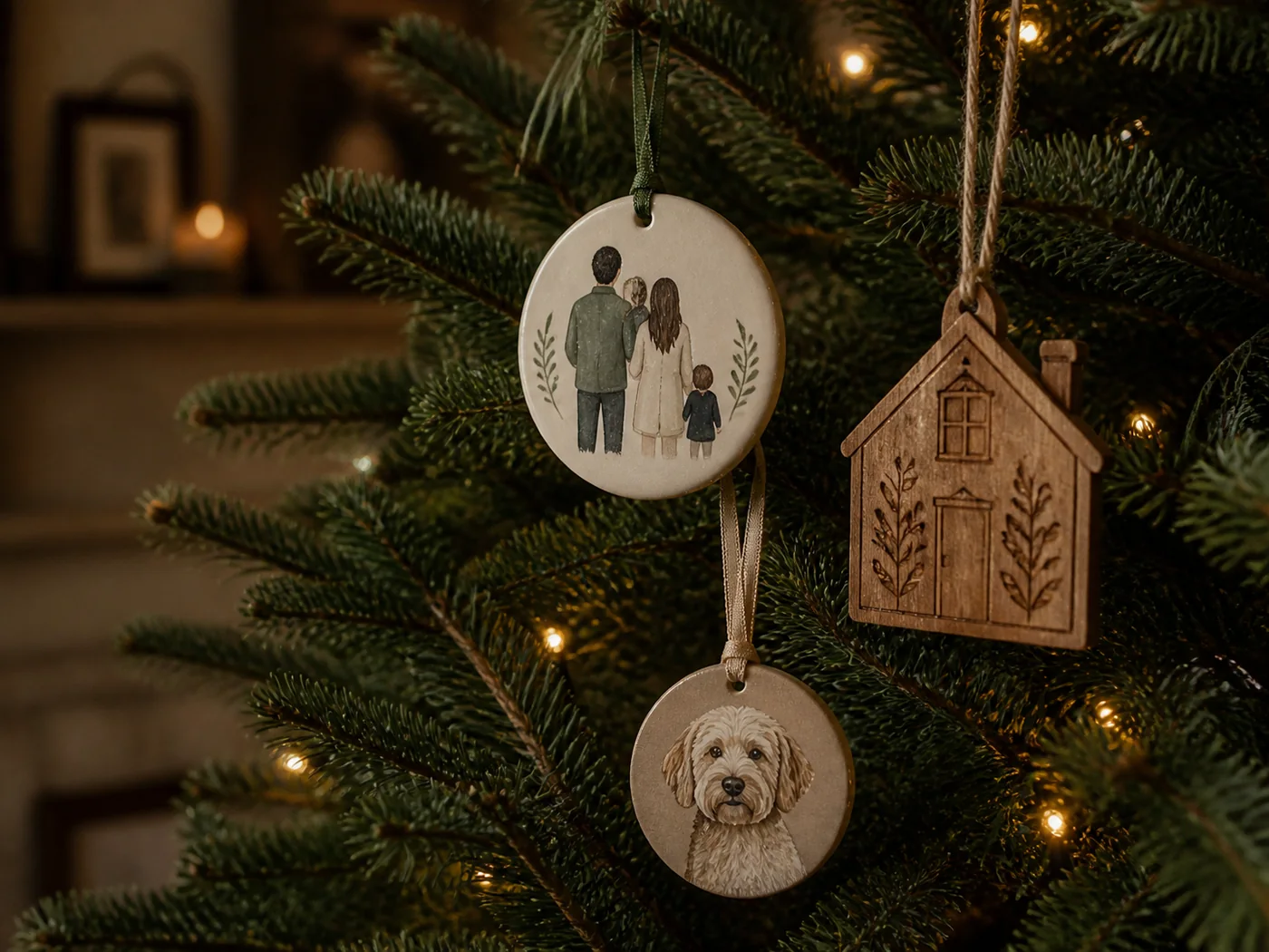 Handmade family, home, and pet ornaments hanging on a Christmas tree