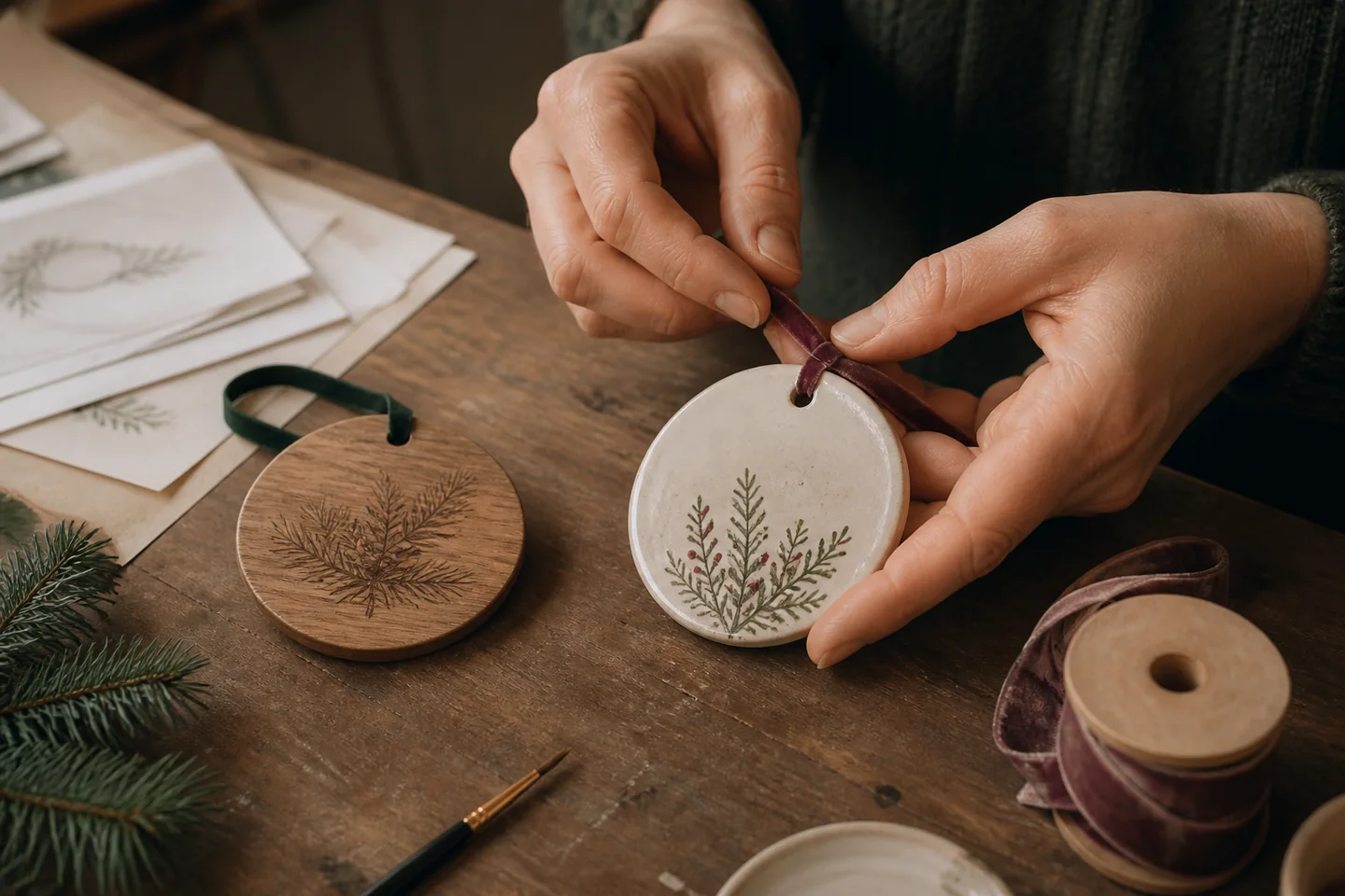 A maker threading velvet ribbon through a ceramic keepsake ornament